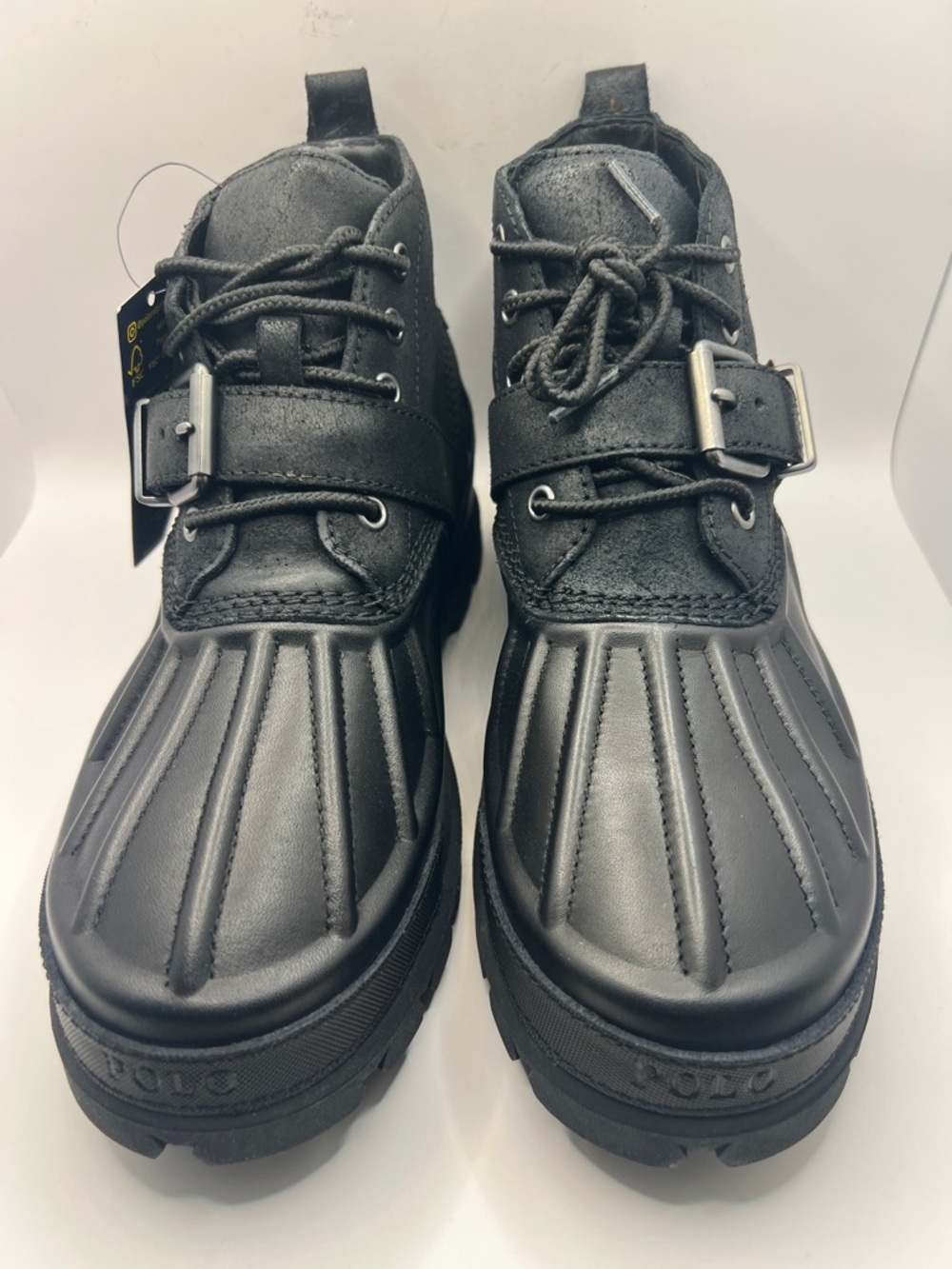 Polo by Ralph Lauren Black Lace-Up Duck Booties with Buckle Strap